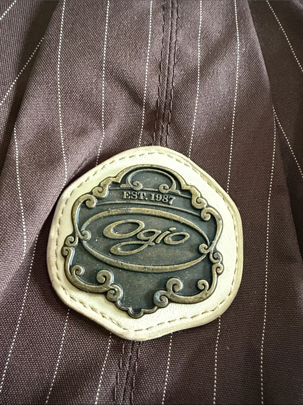 Brown Pinstripe Shoulder Bag with Teal Embroidery hobo bag by Ogio